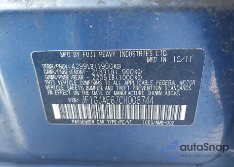 2012 Subaru Impreza 2.0I Premium из США, поврежденный, VIN JF1GJAE67CH006744